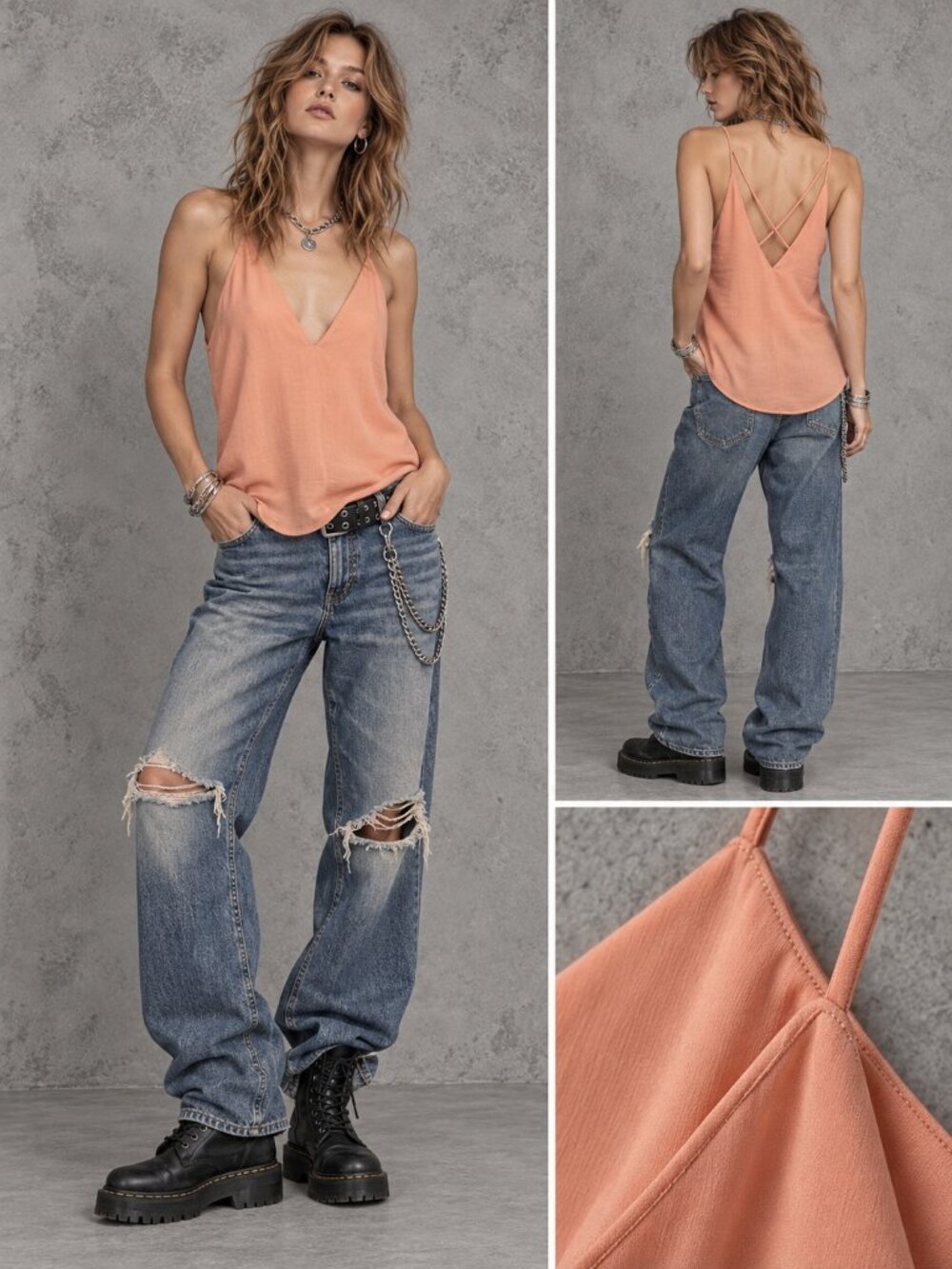 H&M Peach Deep V Neck Cross Back Spaghetti Strap Longline Camisole US 6